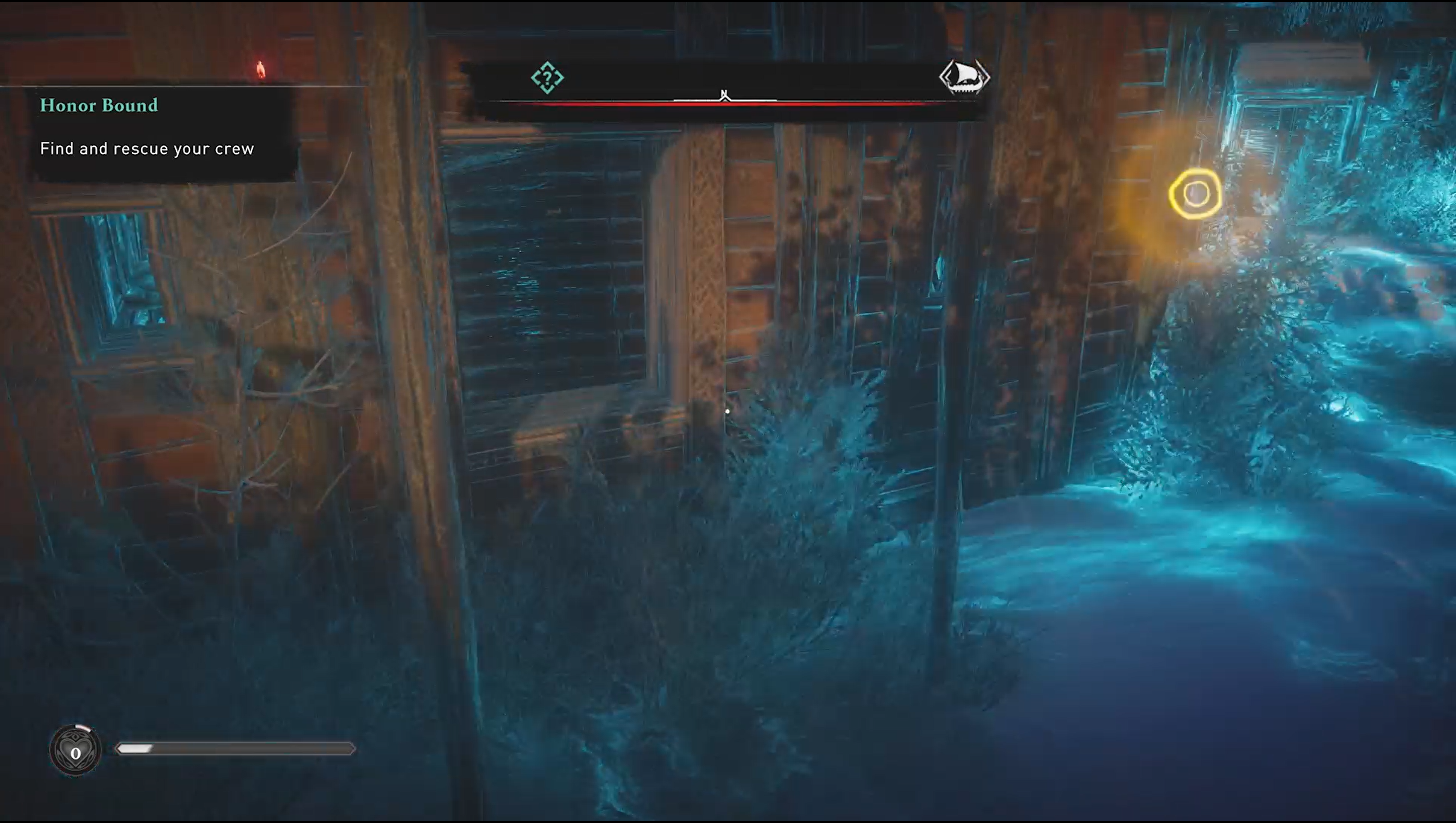 Assassin's Creed Valhalla screenshot of "Odin's Sight" ability being used showing glowing bright yellow rings from around a cabin's corner indicating something the player can interact with.