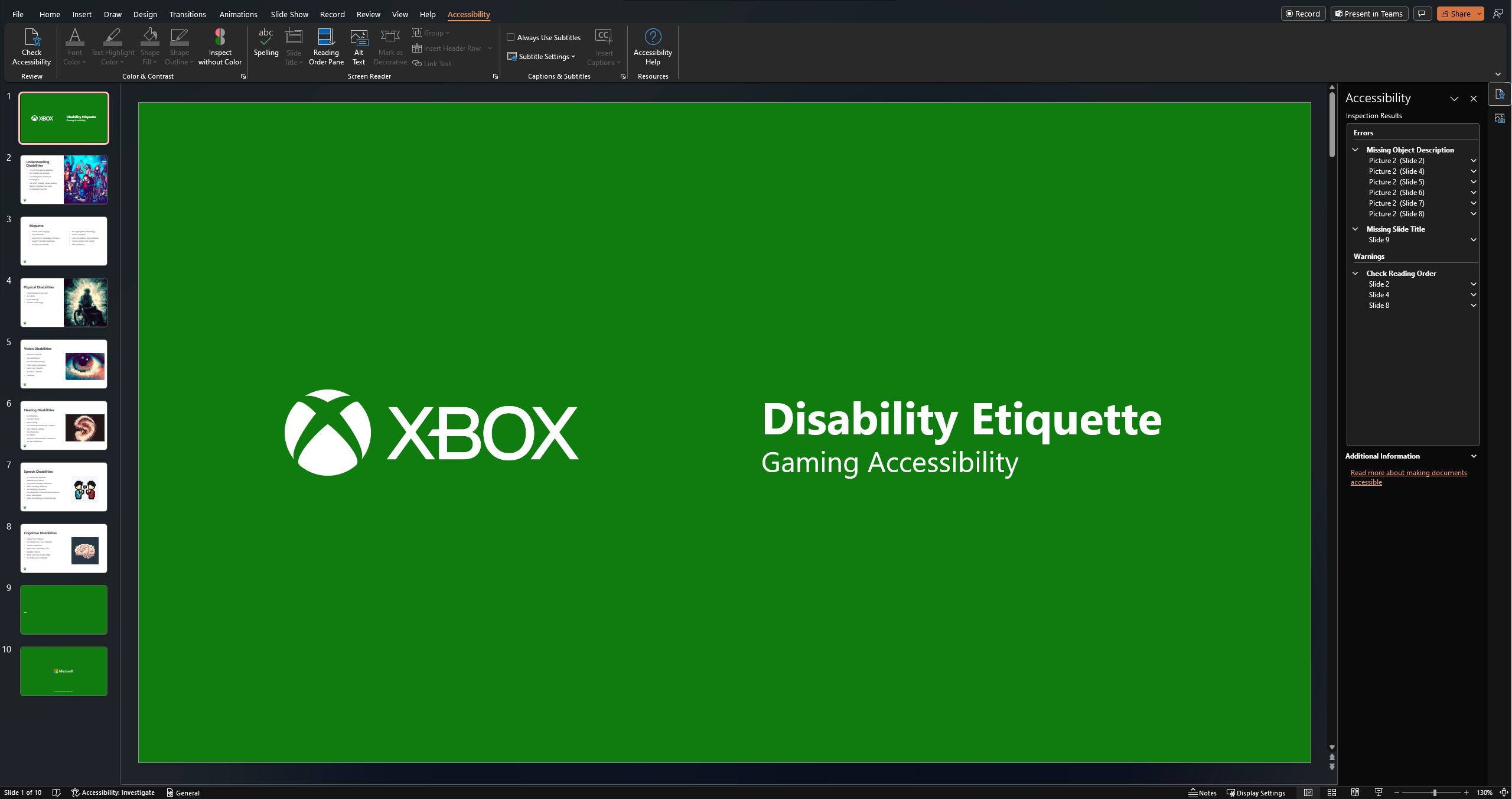 A screen shot of Microsoft PowerPoint. A slide deck is loaded. The Accessibility Checker pane shows multiple issues.