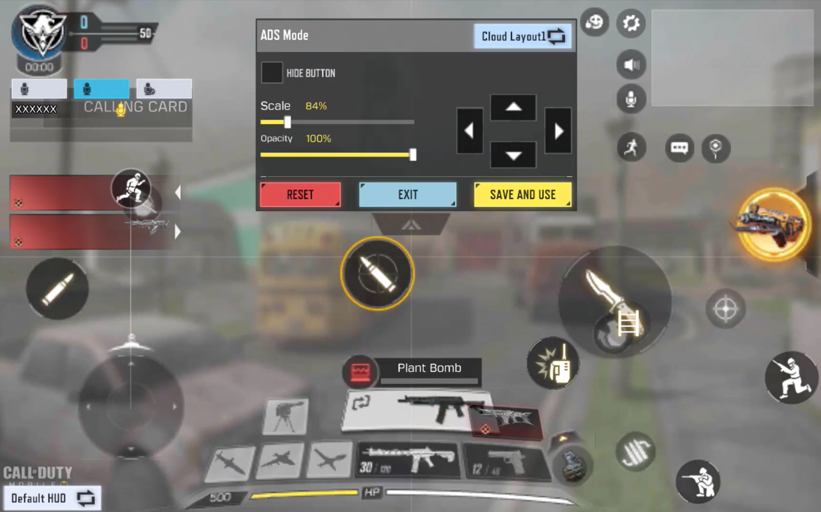 Call of Duty: Mobile screen shot of the controls custom layout settings showing a multitude of touch targets of varying sizes. In the top middle of the screen is a window with a scale and opacity slider as well as options to reset, exit, and save and use the created custom layout.