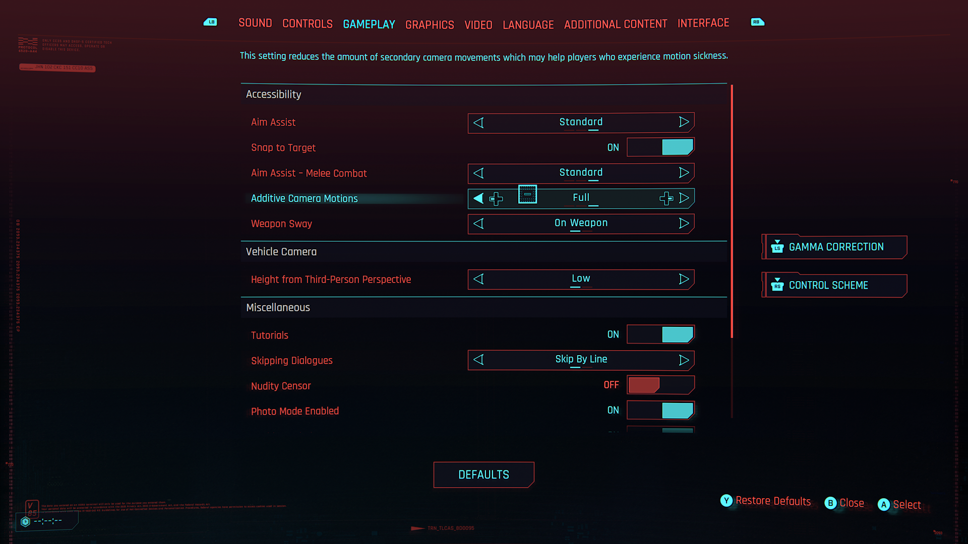 Cyberpunk 2077 screenshot of accessibility menu under game play settings. The focus is on the "additive camera motions" option and is set to "full."