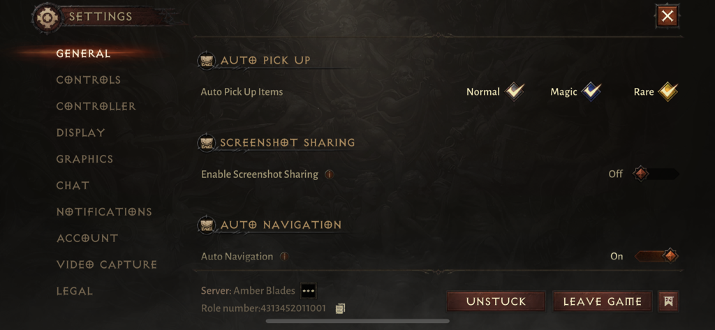Diablo Immortal screenshot of the Settings’ General page. The subsection shown is Auto pick up which has three  multi-selectable options, Normal, Magic, and Rare.