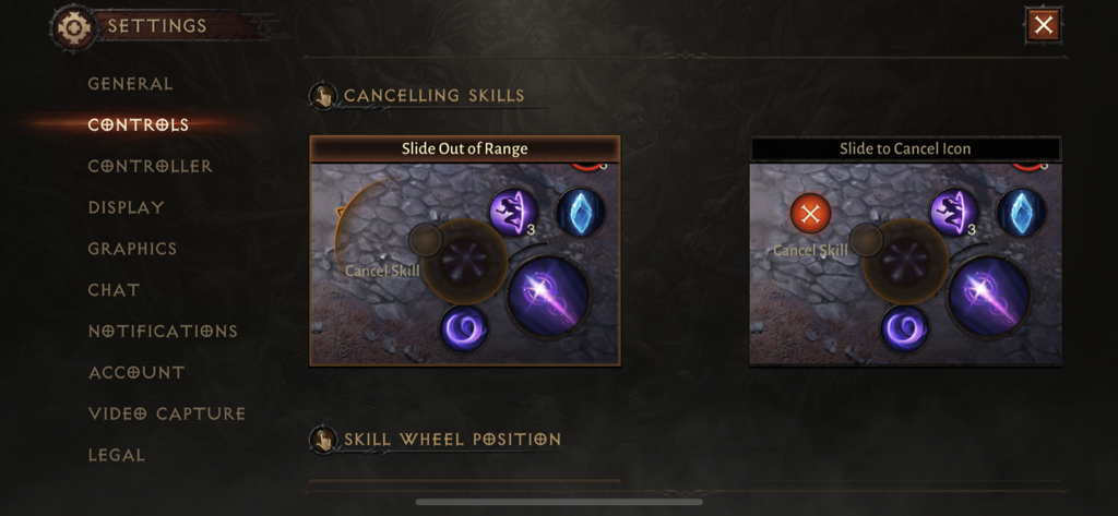 Diablo Immortal screenshot of the Settings’ controls page. The subsection shown is Cancelling Skills which has two options, Slide Out of Range and Slide to Cancel Icon.