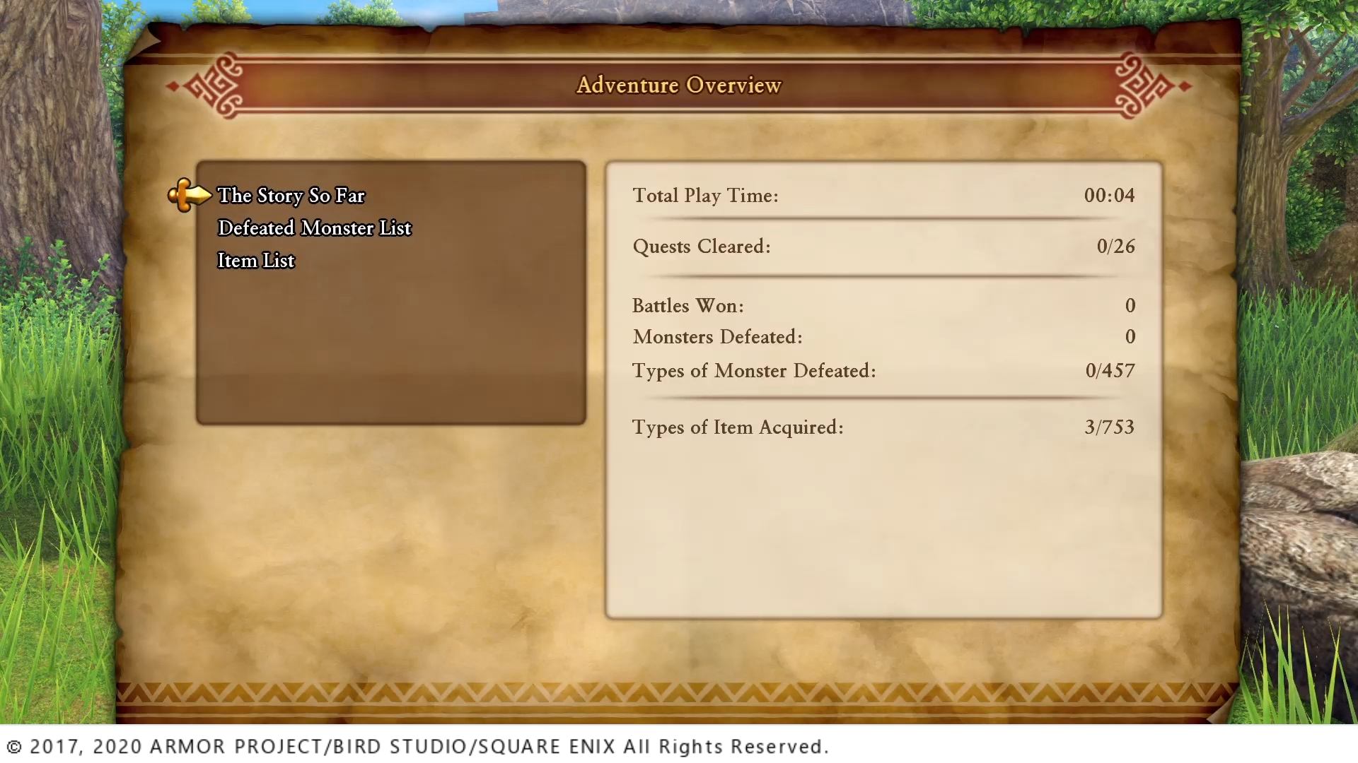 Dragon Quest XI S: Echoes of an Elusive Age Bildschirmfoto des Abenteuerübersichtsmenüs mit einer Option für 