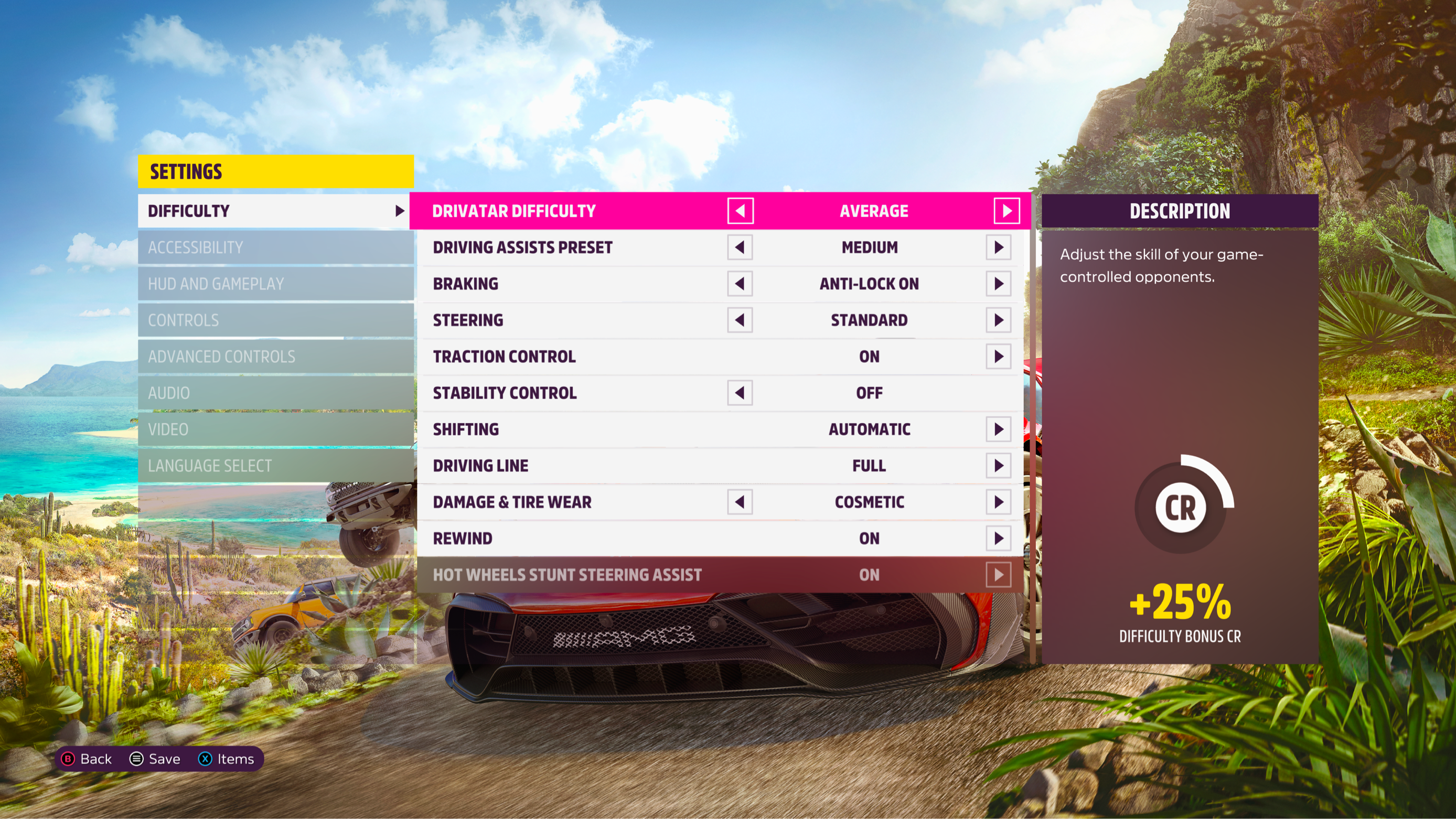 Screenshot of Forza Horizon 5 game settings with Driving Assists Difficulty set to AVERAGE. 