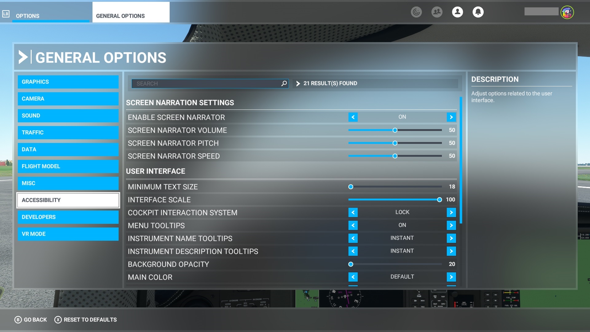 Screenshot of Flight Simulator geneal options menu with option to enable Narrator and sliders to customize its volume, pitch, and speed.