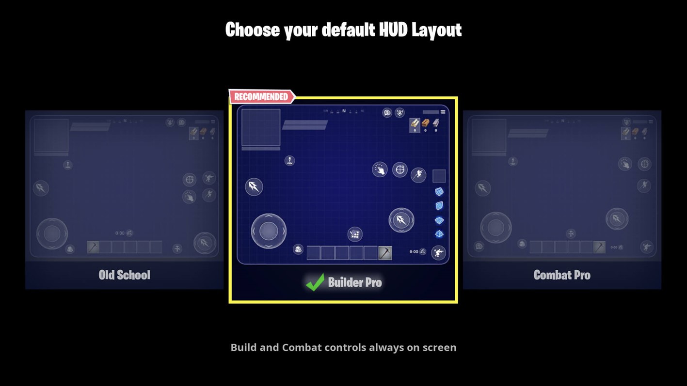 Screenshot from Fortnite Mobile showing different HUD layouts, including Old School, Builder Pro, and Combat Pro. In each, the configuration of controls shown on the screen is different.