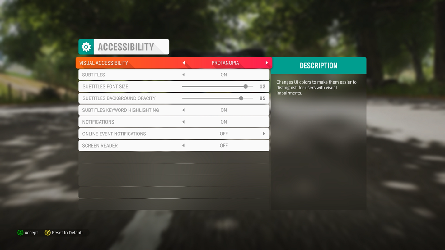 Forza Horizon 4 Accessibility menu. The visual accessibility option is focused and the player cycles through the options Deuteranopia, Protanopia, Tritanopia, and High Contrast Mode.