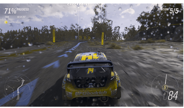 The same image of a race car driving on a dirt road in Forza Horizon 4 with a filter applied that removes most of the color. The blue path on the mini-map has become a pale gray line and is hard to distinguish from the other roads. The speedometer is no longer red and green; it's just gray.