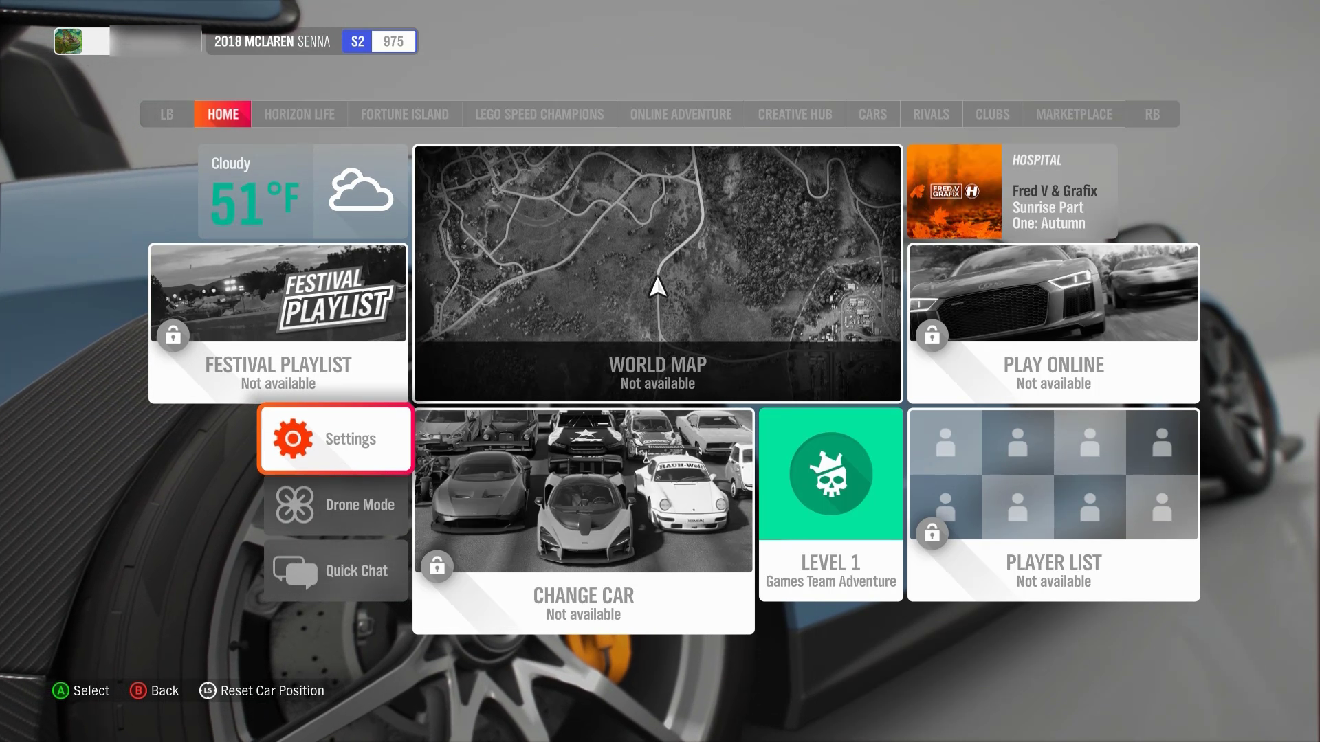 Screenshot des Hauptmenüs in Forza Horizon 4. 