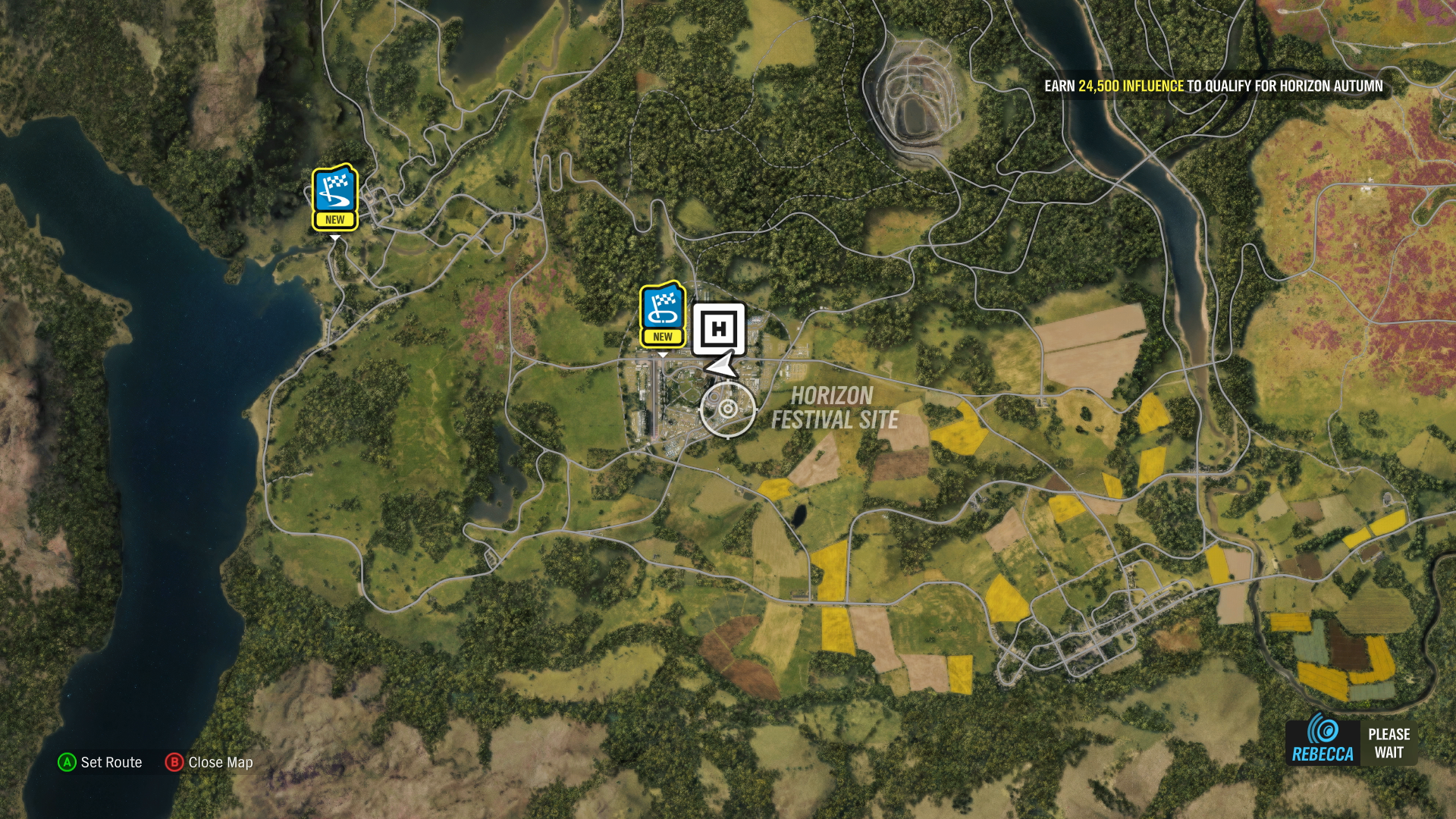 A map from Forza Horizon. There are two race markers on the map outlined in yellow with the word "new" under them. In the bottom-right corner, there's a speaker logo with the name "Rebecca" under it to indicate that Rebecca is speaking.