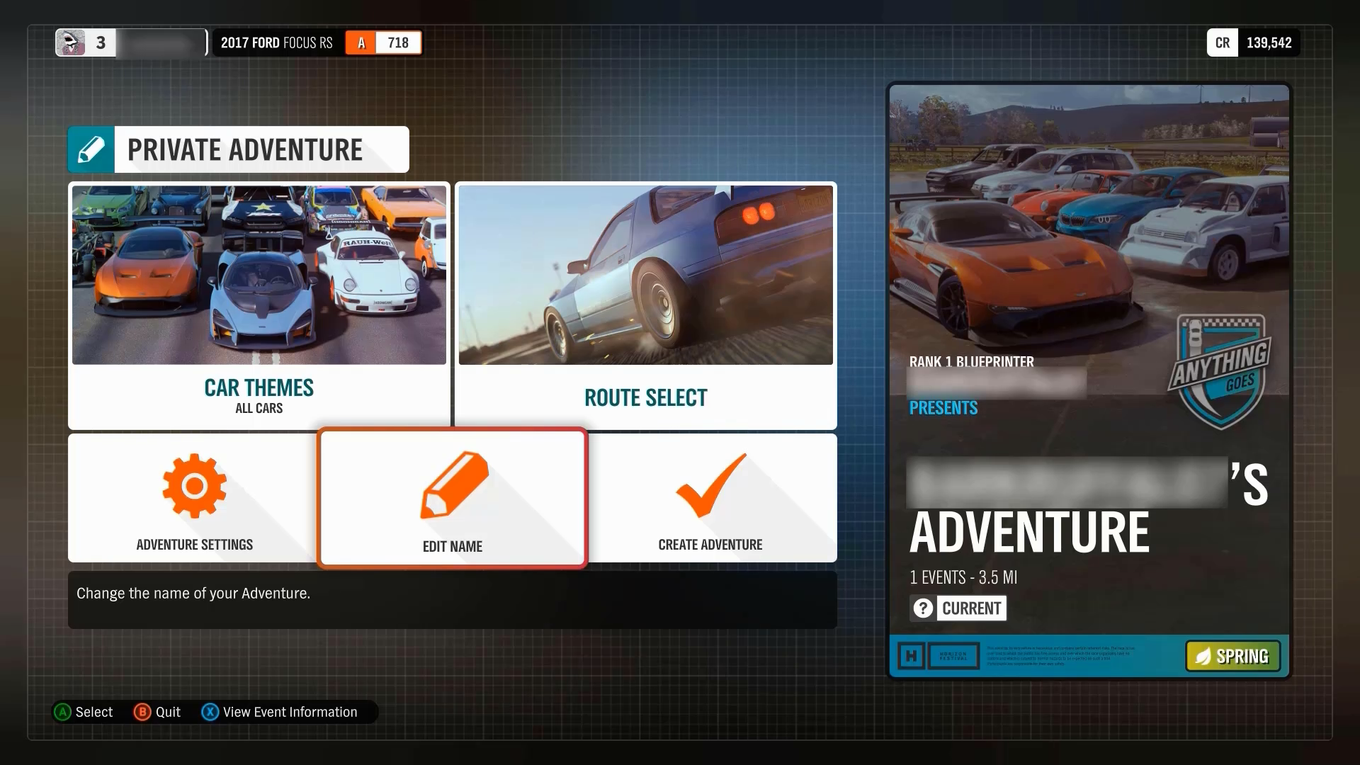 A screenshot from Forza Horizon 4, showing the "Private Adventure" screen. "Edit Name" is selected, and a description that explains the function is displayed.