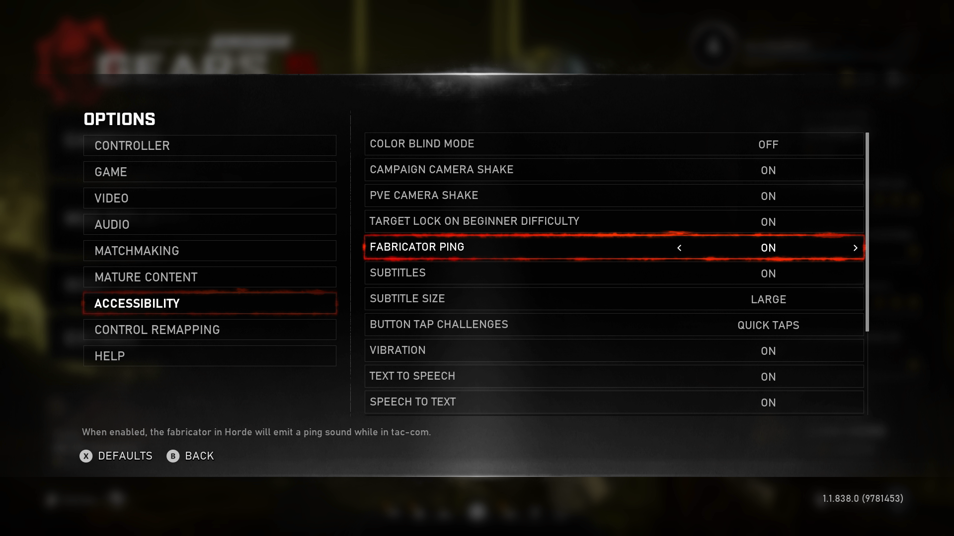 Gears 5 accessibility settings. The fabricator ping option is focused, and it set to on.