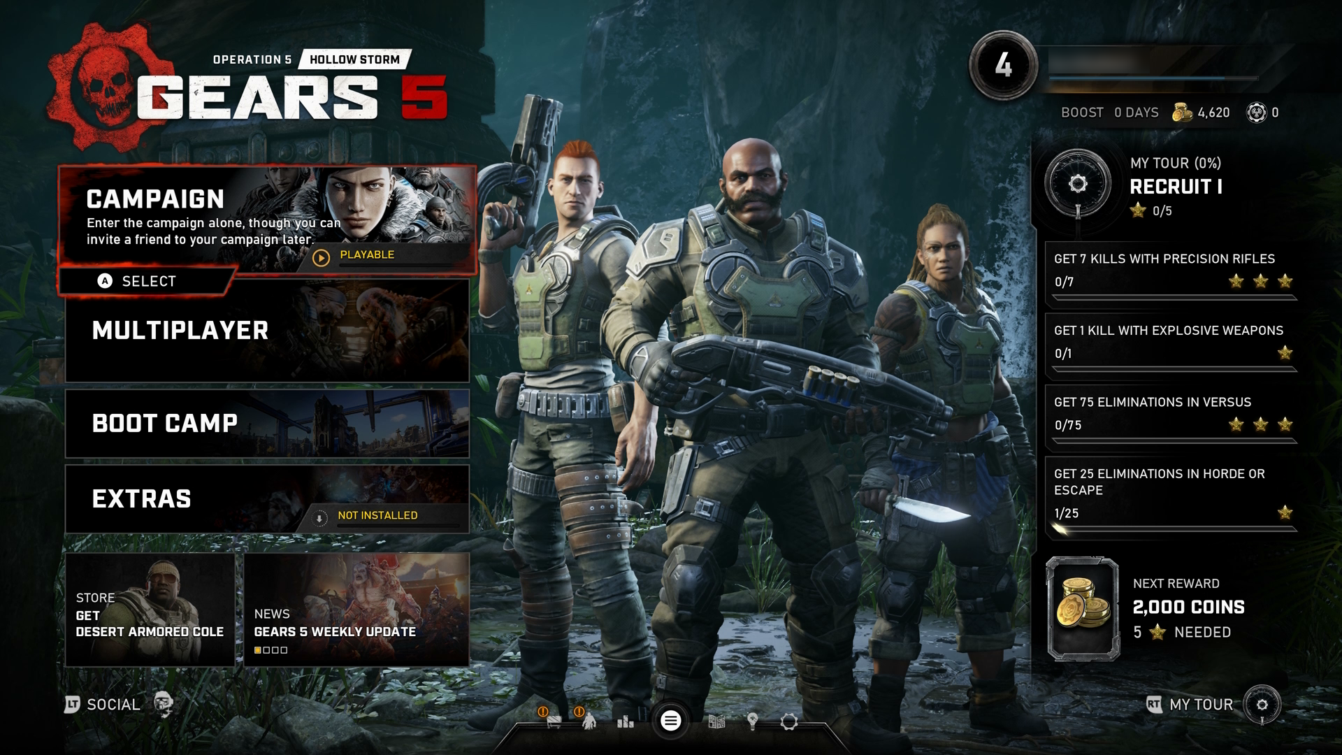 Das Gears 5 Hauptmenü. Der Spieler hat die Option 