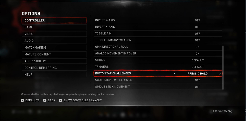 The Controller options menu in Gears 5. The player is focused on the "Button Tap Challenges" option. The current value is "press & hold".