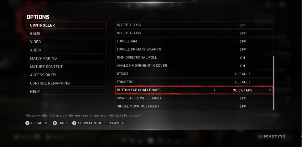 The Controller options menu in Gears 5. The player is focused on the "Button Tap Challenges" option. The current value is "quick taps".