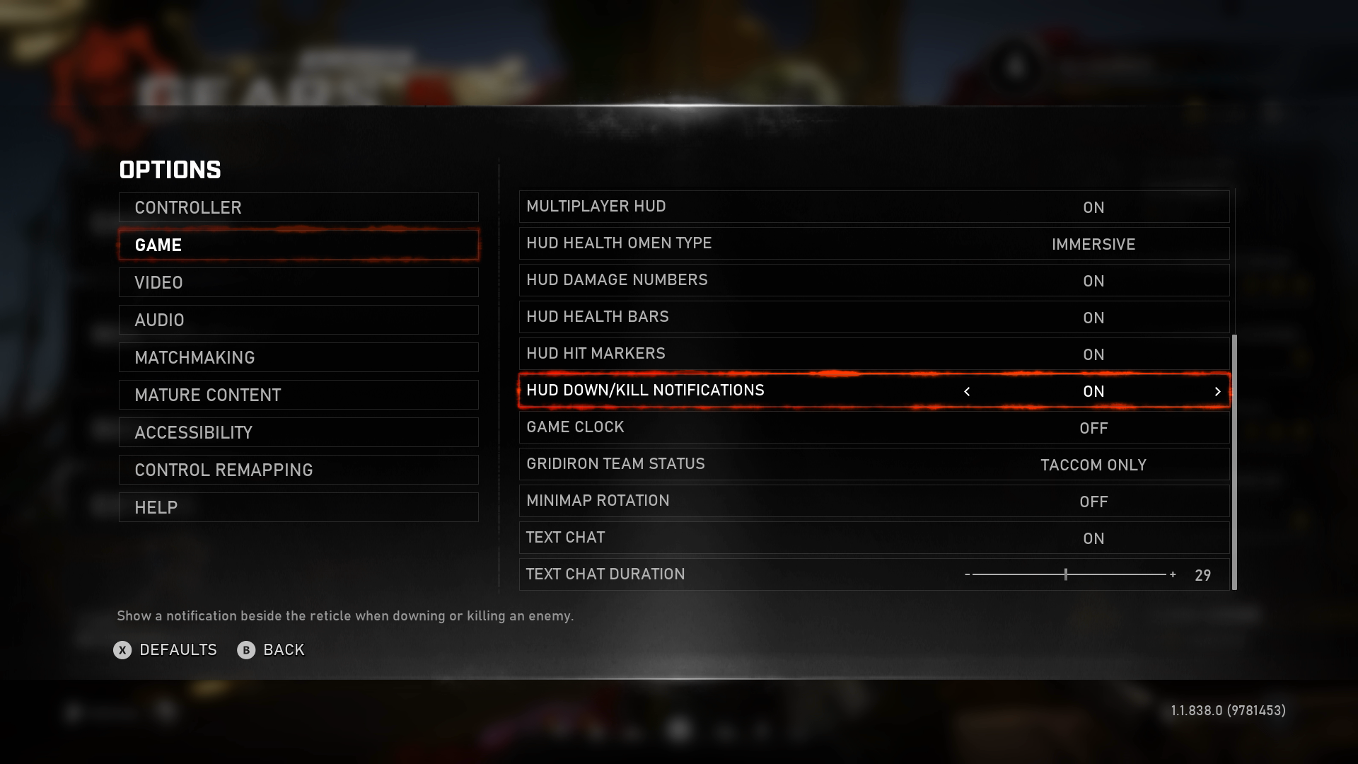 Das Menü für die Spieloptionen in Gears 5. Der Spieler konzentriert sich auf die Option 