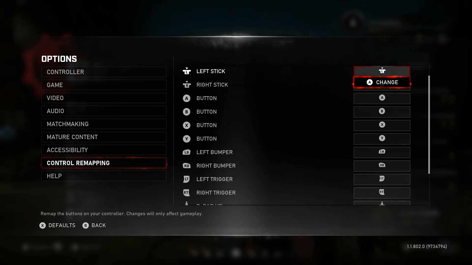 A screenshot of the Control Remapping menu in Gears 5.