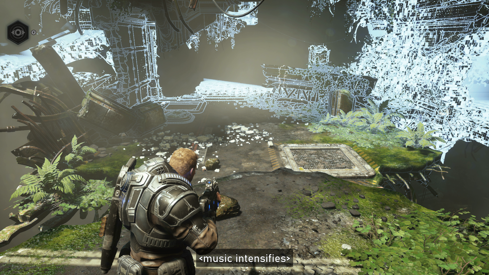 Gears 5 gameplay. The player is in the woods and their surroundings are beginning to disappear. There's a subtitle at the bottom of the screen that says, "music intensifies" surrounded by angle brackets.