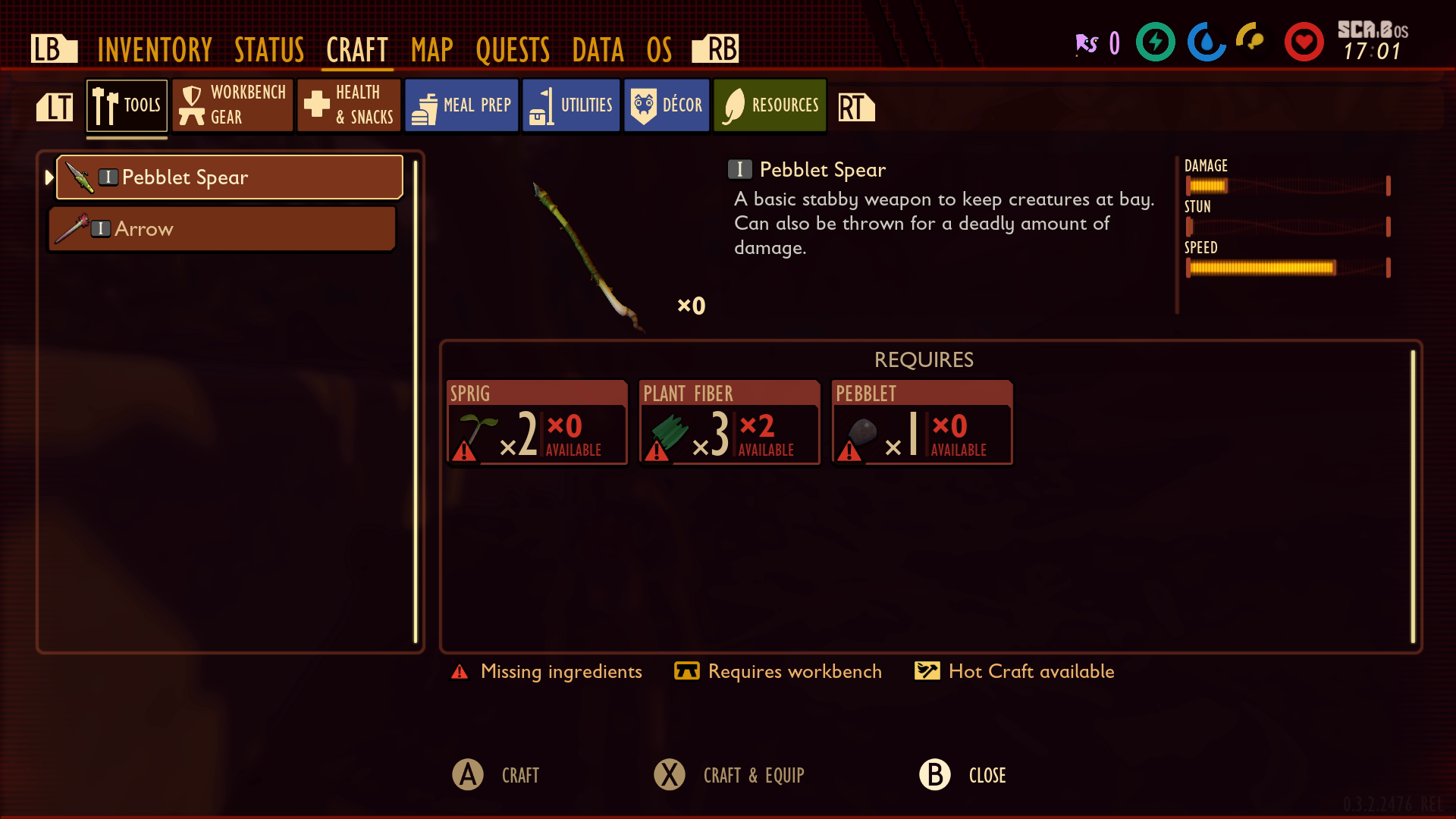 The Grounded crafting menu. There are seven tabs: tools, workbench gear, health and snacks, meal prep, utilities, decor, and resources. Next to each tab title is a symbol. Next to tools is the silhouette of a hammer. Next to workbench gear is a shield over a bench. Next to health and snacks is a plus sign. The Pebblet Spear is selected for crafting, but the player doesn't have enough ingredients. This is indicated by showing how many are needed, how many are available, a red triangular caution symbol next to the item, and the number available is red.