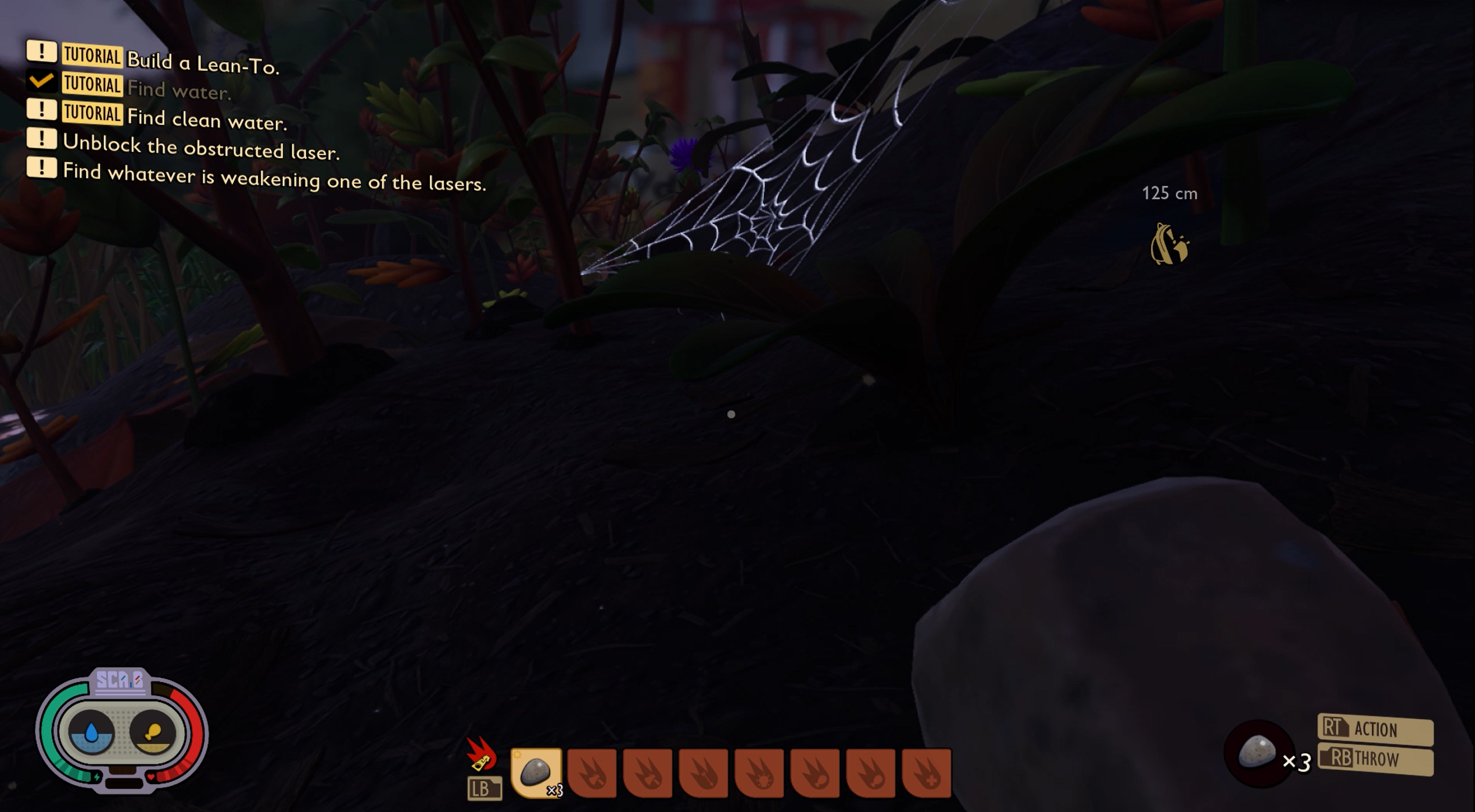 A Grounded gameplay still where the player is facing a spiderweb and holding a rock.