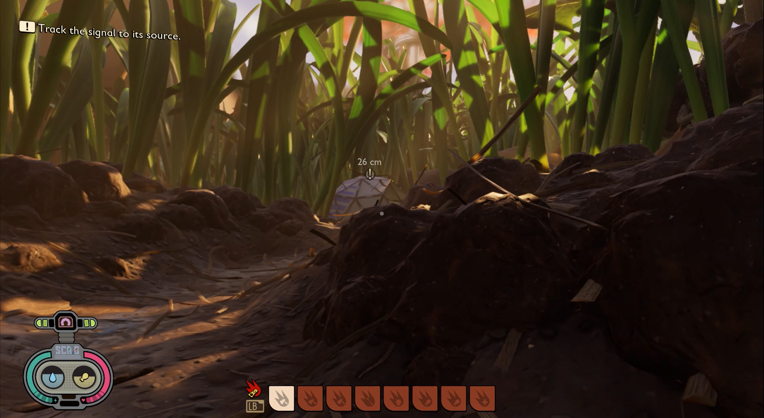 The player in Grounded follows a path through the tall grass to a multifaceted tent.