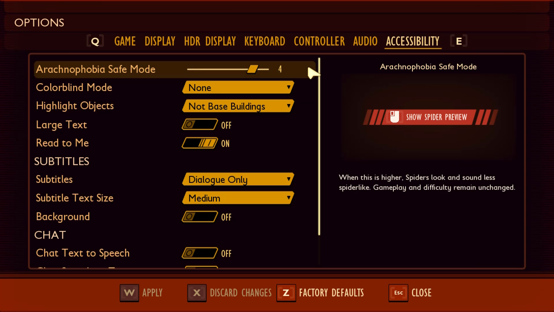 A screenshot from Grounded, displaying the "Options Menu." The "Accessibility" tab is selected. On the right side of the screen, a window displays "Arachnophobia Safe Mode."