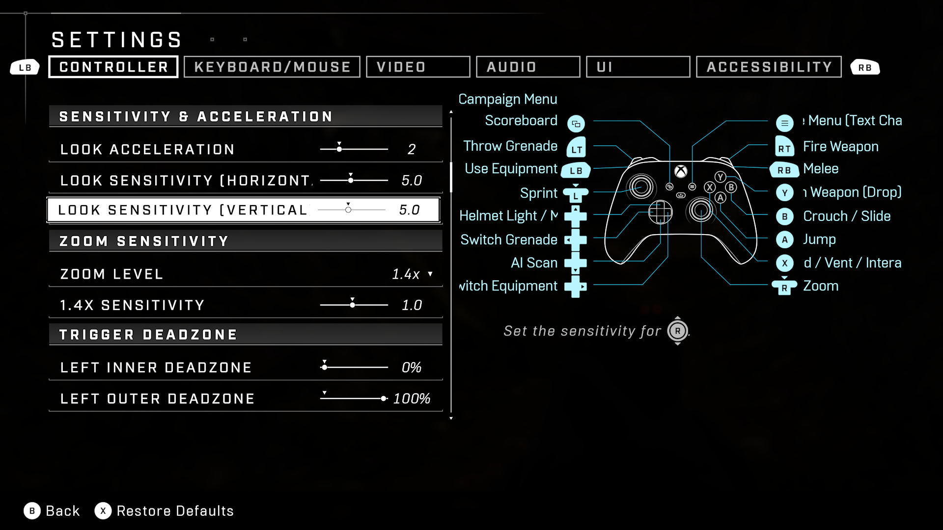 Halo Infinite screenshot of controller settings menu with a list of options including "Look sensitivity (horizontal)" and "look sensitivity (vertical)", both set to 5.0.