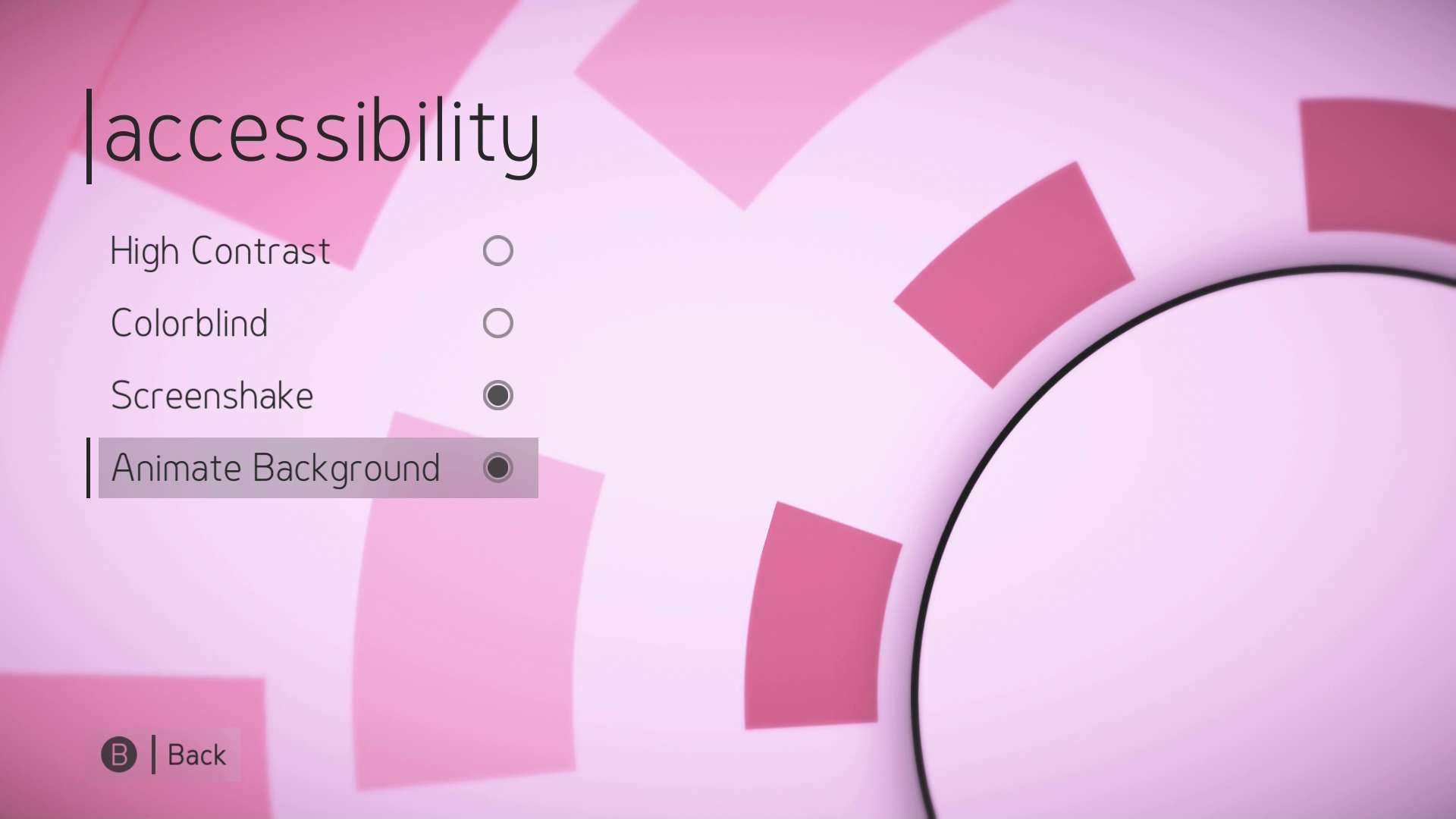 A screenshot from HyperDot with the "Accessibility" menu displayed. A option labeled "Animate Background" is selected.