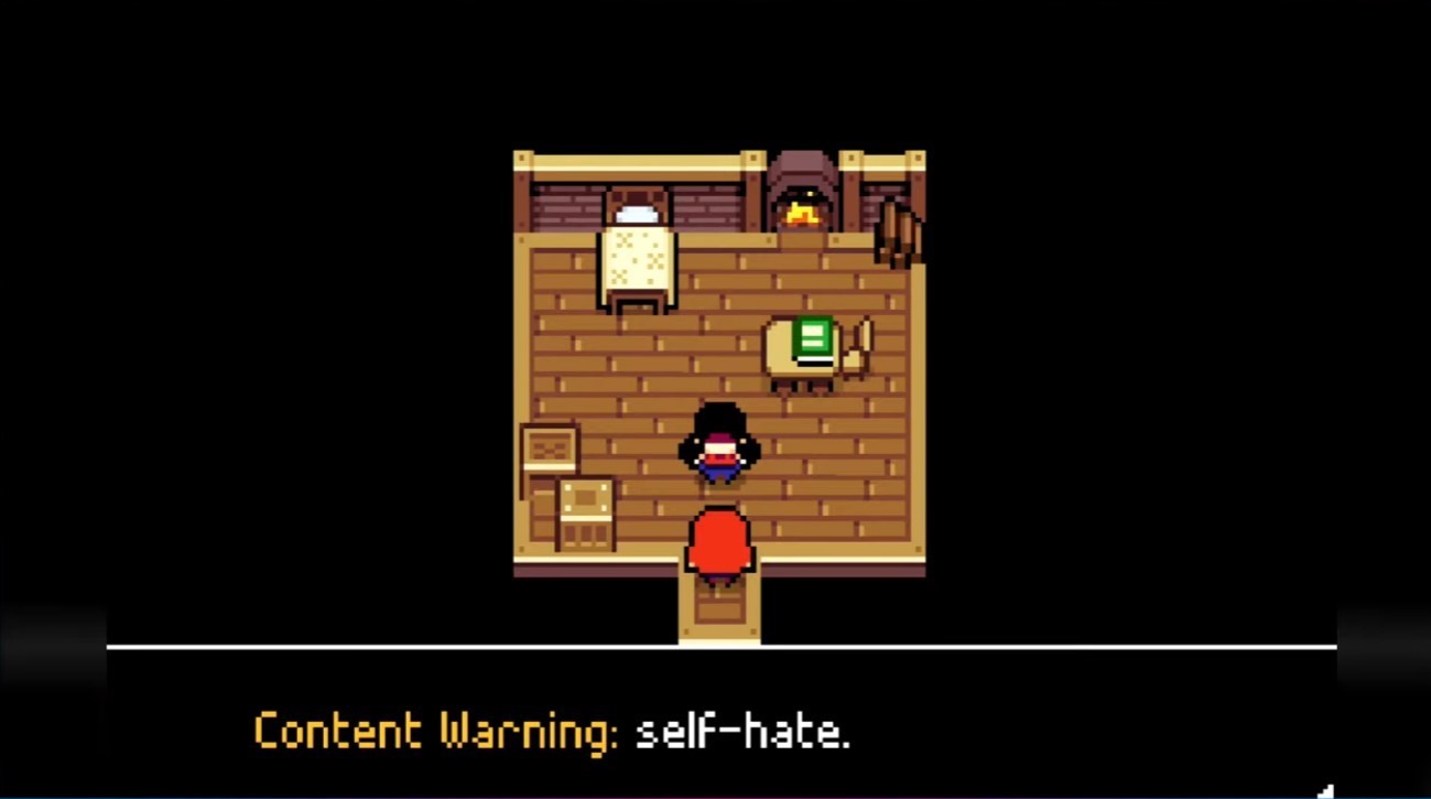 A screenshot of gameplay from Ikenfell. A content warning appears on screen that reads "content warning: self hate."