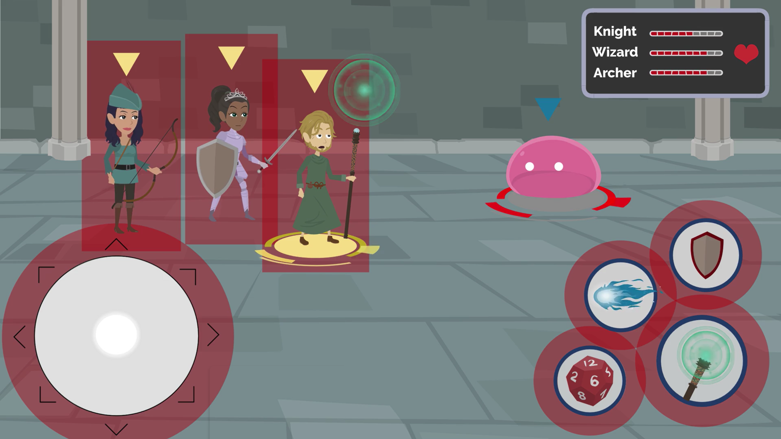 Screenshot of a fictional roleplaying game with virtual joystick in lower left and the 3 party characters in the top left. In the lower right are touch targets for in-game skills and a slime enemy near the top right. The joystick and skills have circular red, semi-transparent circles surrounding them. And the party characters each have a red, semi-transparent rectangle surrounding them.