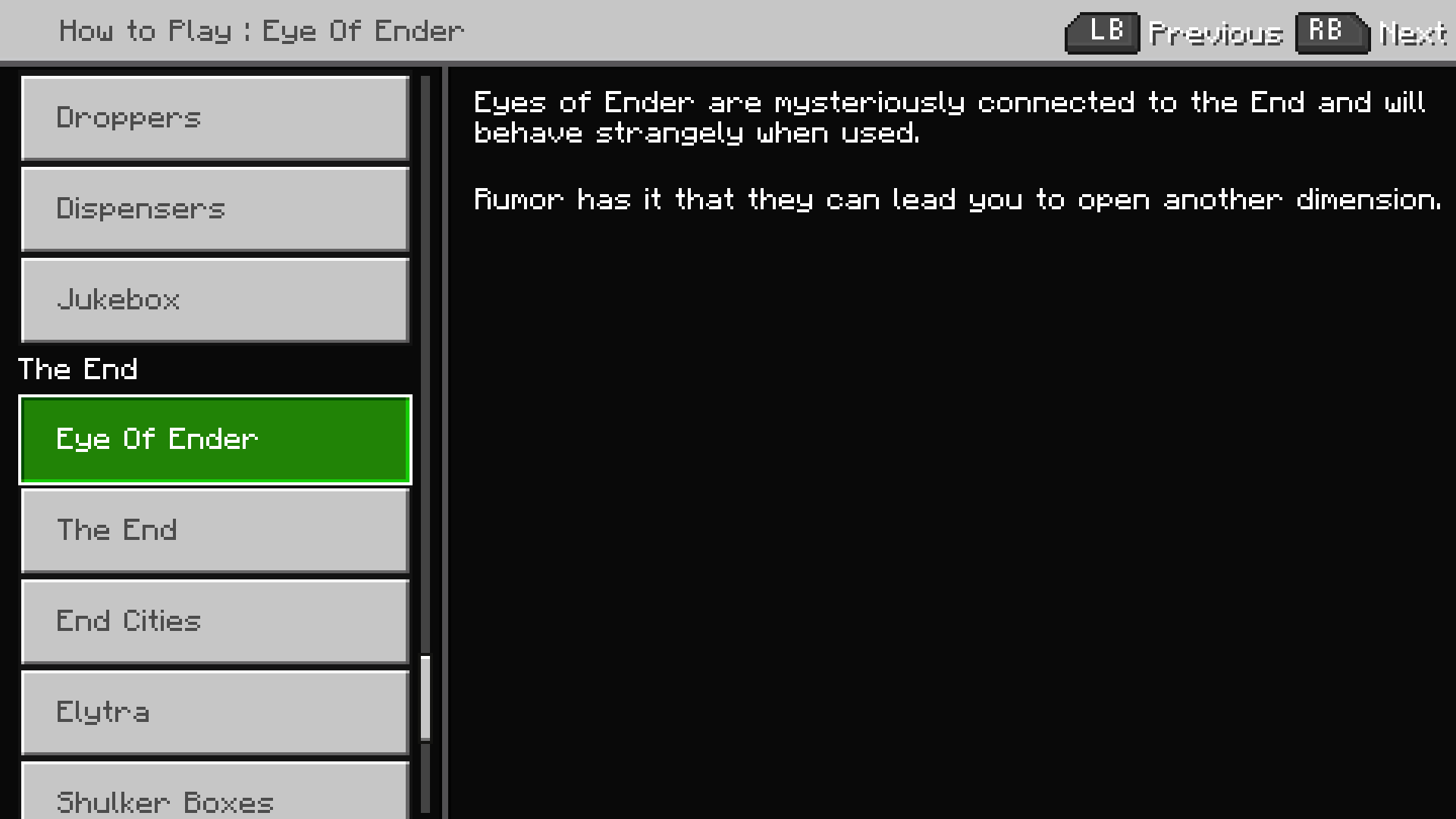 Minecraft screenshot of how to play menu with list of items on left. The focus is on "Eye of Ender" and a description of that item appears on the right reading, "Eyes of Ender are mysteriously connected to the End and will behave strangely when used. Rumor has it that they can lead you to open another dimension."