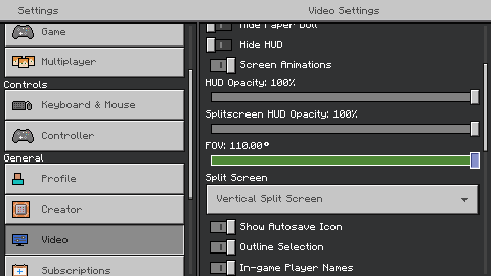 Minecraft screenshot of video settings menu where the focus is on FOV (Field of view) and set to the max of 110 degrees.