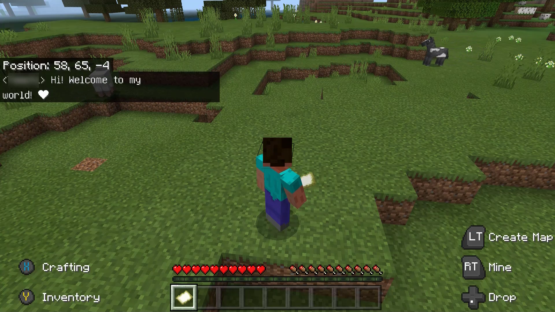 A screenshot from Minecraft Bedrock Edition that shows the character "Steve" in the world with multiplayer text chat appearing on the left of the screen that reads, "Hi! Welcome to my world!"