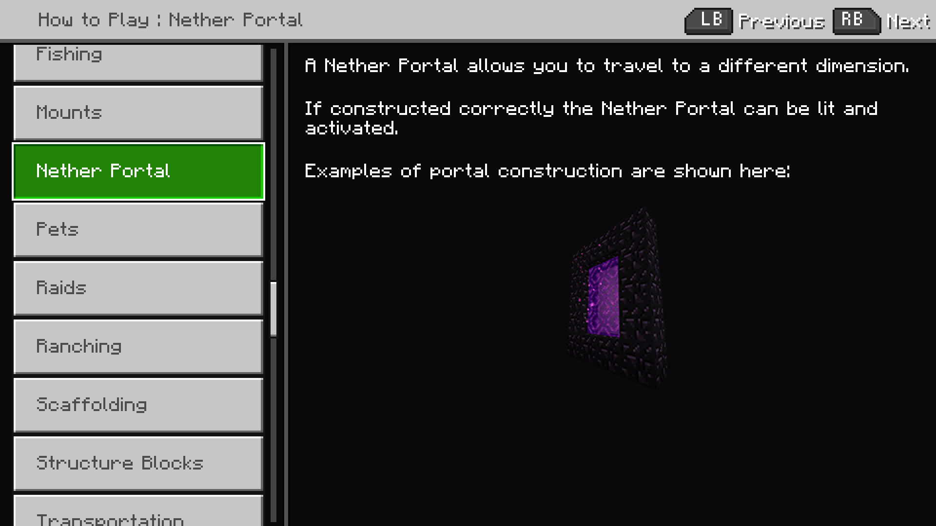 Minecraft screenshot of how to play menu with list of items on left. The focus is on "Nether Portal" and a description and visual of the portal appears on the right. The portal is a purple glowing rectangular doorway with a frame. The description reads, "A Nether Portal allows you to travel to a different dimension. If constructed correctly the Nether Portal can be lit and activated. Examples of portal construction are shown here."