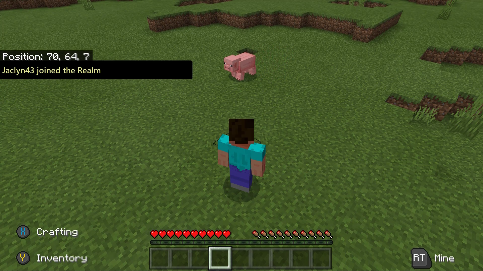 Ein Minecraft-Charakter, Steve, steht in einem Feld. Es gibt eine Benachrichtigung, dass ein Spieler dem Reich beigetreten ist.