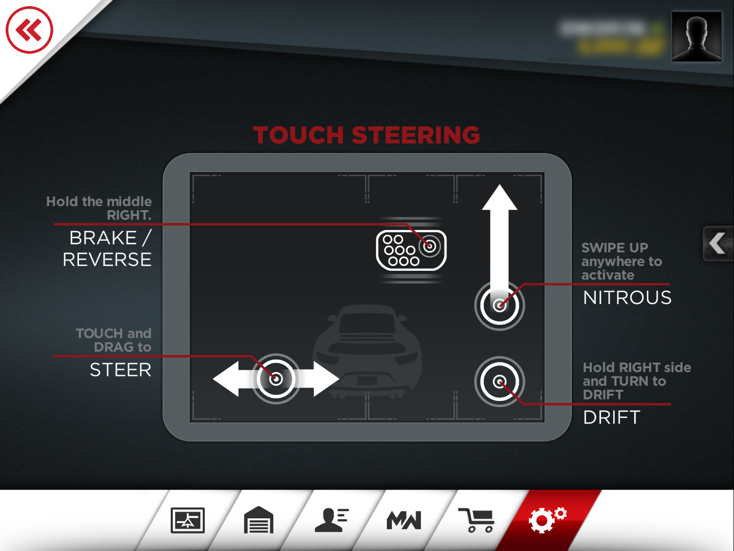 Need for Speed Most Wanted screen shot of Touch Steering controls showing how the game splits up the controls on two halves of the screen. The left half is only for steering and the right half has brake, nitrous and drift.