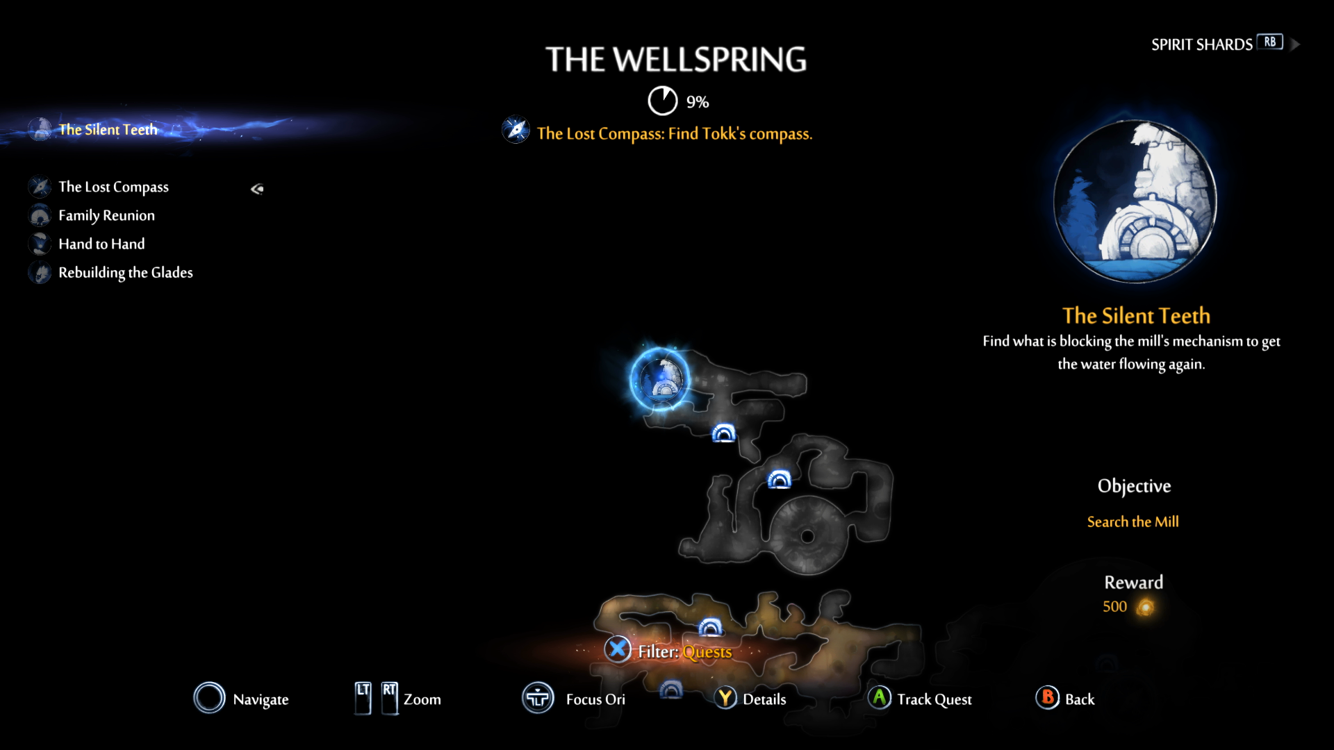 Die Karte in Ori und dem Willen der Wisps. Der Titel des Bereichs befindet sich am oberen Rand des Bildschirms. Es heißt The Wellspring. Unter dem Titel zeigt ein Indikator an, dass der Gesamtfortschritt 9%ist. 