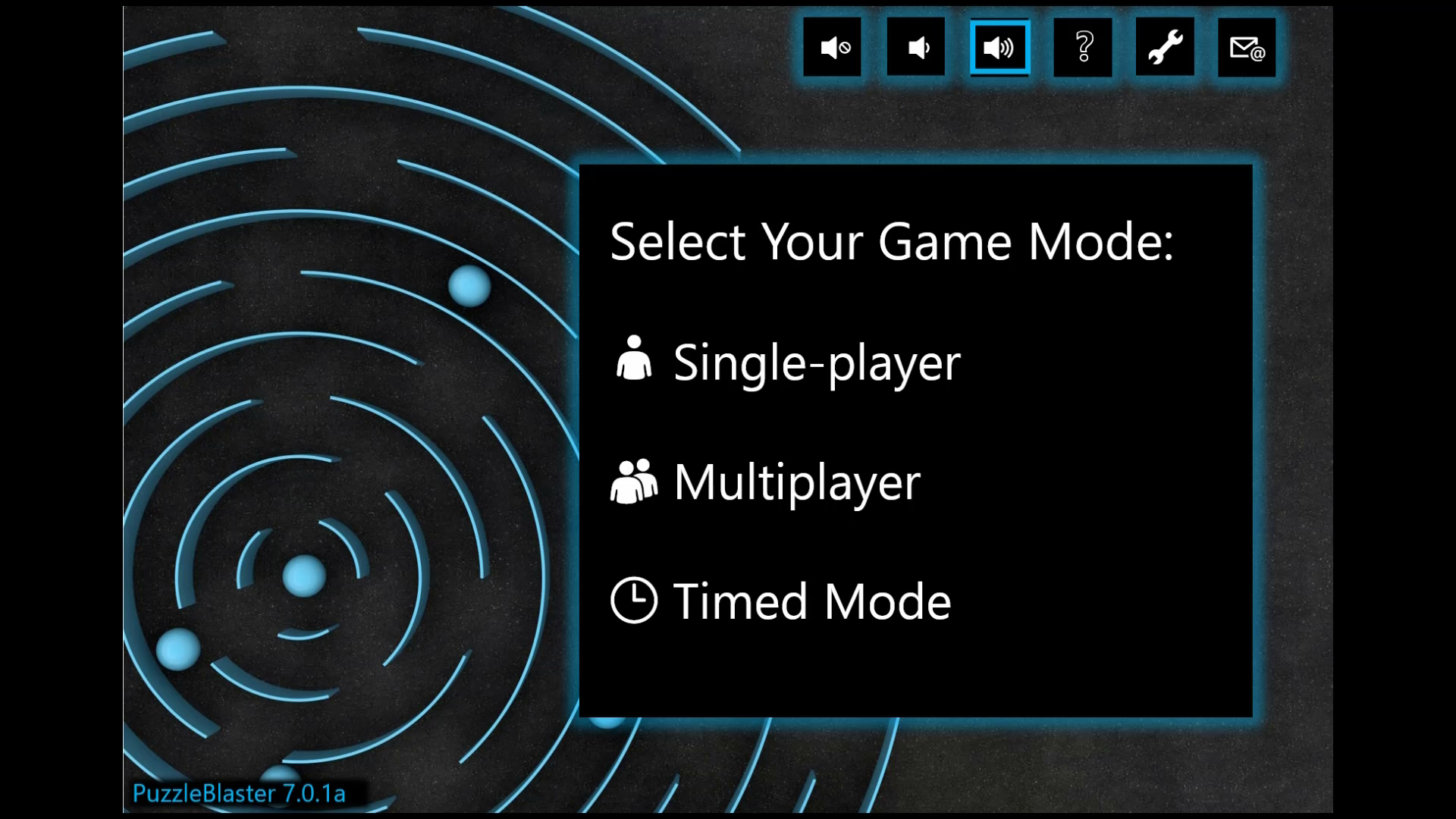 The main menu of a fake game called PuzzleBlaster. The menu says, "Select your game mode: single-player, multiplayer, or timed mode." There are several buttons in the upper right to control volume and settings.