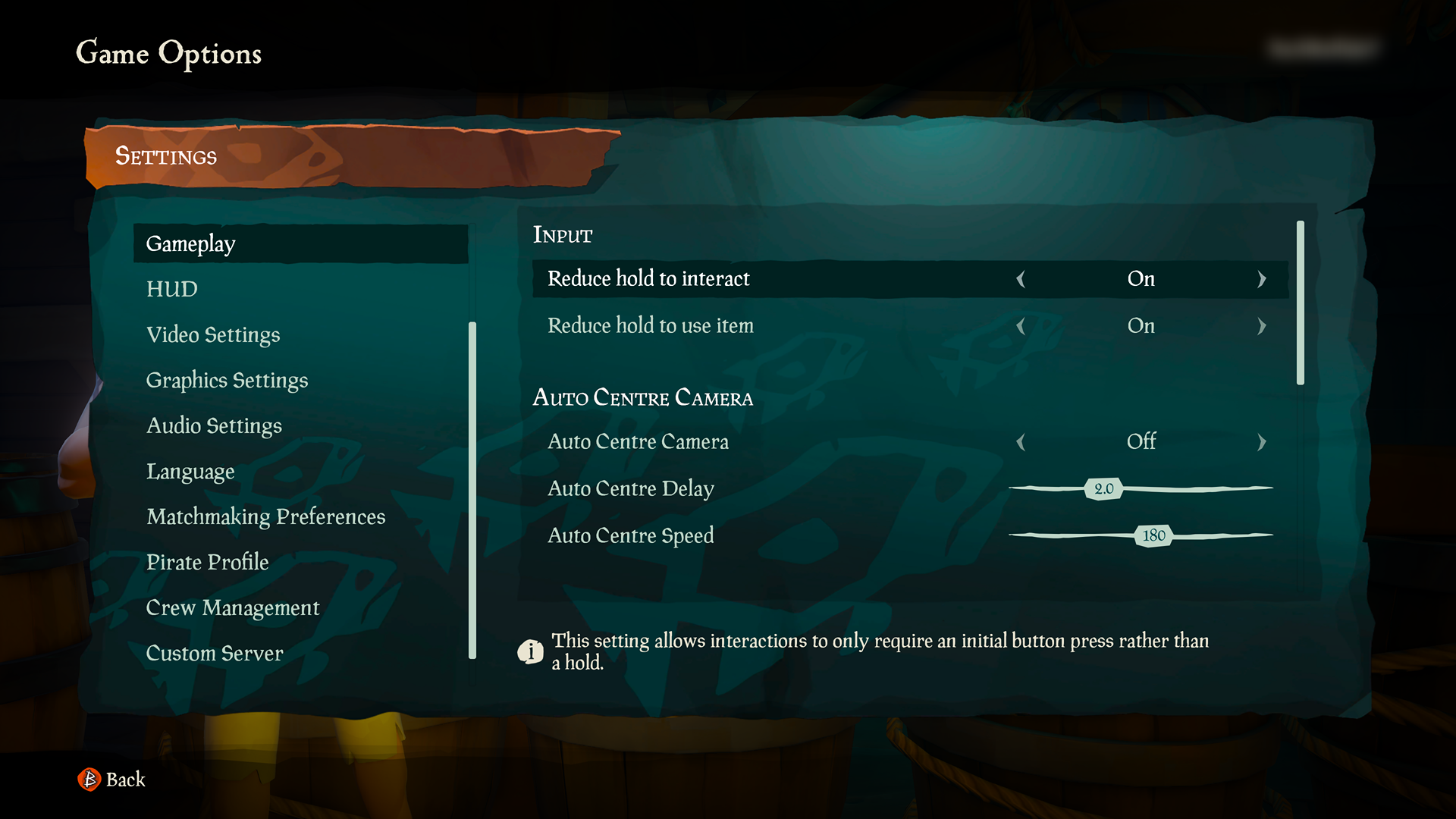 Sea of Thieves screenshot of game play settings menu showing several options including three options under the heading, "Auto Centre Camera". Here, "auto centre camera" is set to off, "auto centre delay is set to 2.0", and "auto centre speed" is set to 180.