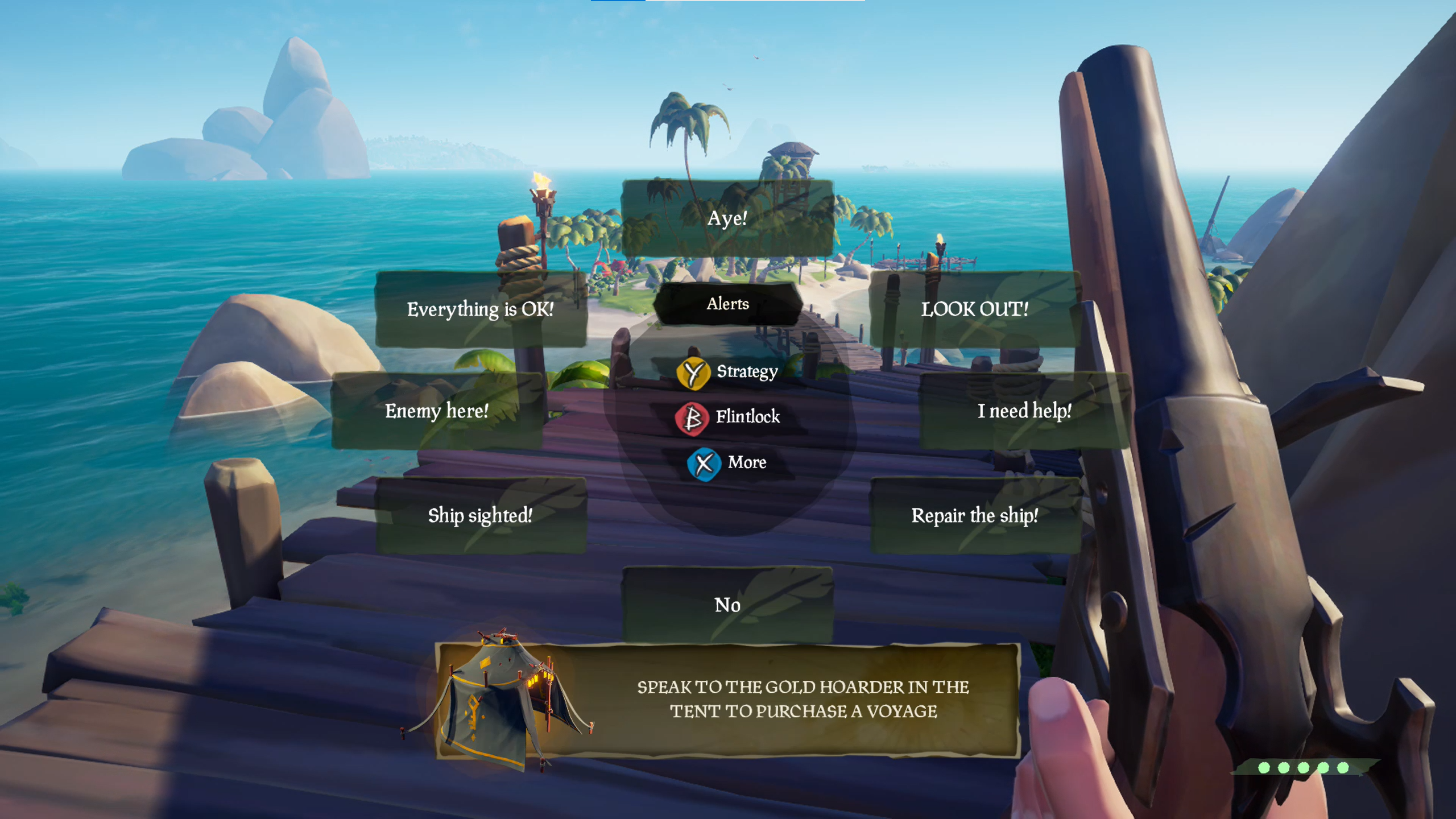 A screenshot from Sea of Thieves. The in-game chat wheel has been activated, showing various chat options. A notification below the wheel indicates the next task that the player must perform.