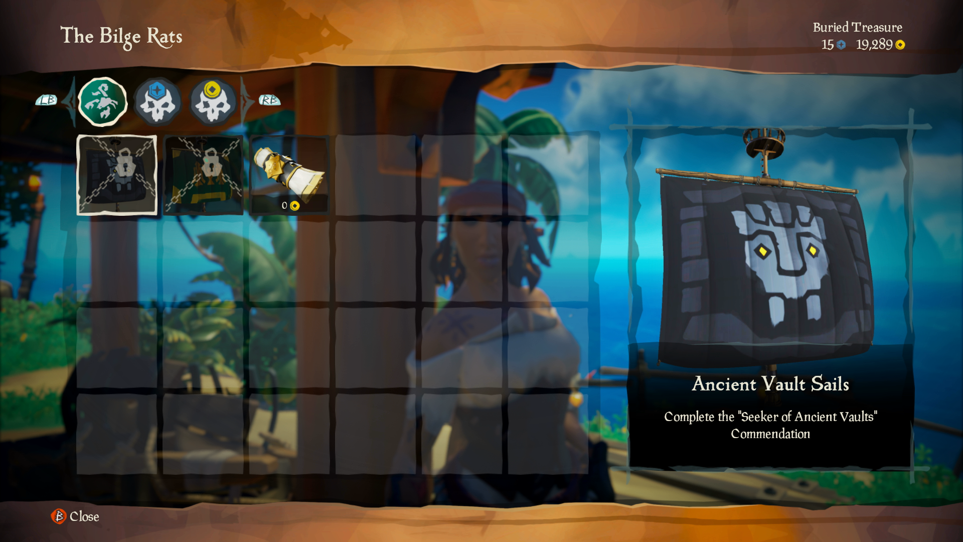Sea of Thieves store menu. The player is focused on an item called "ancient vault sails." The item is locked, so the icon is grayed out with chains and has a lock symbol on it.