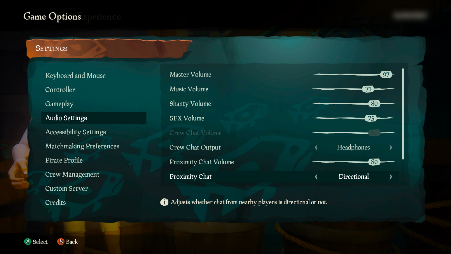 Screenshot of Sea of Thieves Game Options showing Audio Settings tab selected. 