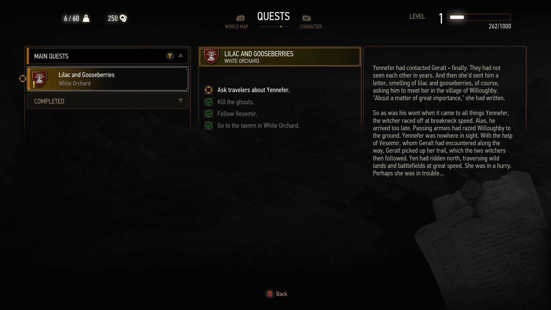 Screenshot des Quests-Menüs von The Witcher 3: Wild Hunt. Die Hauptquest, die als 