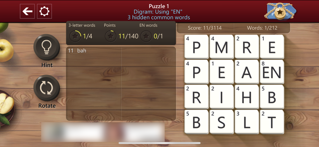 Microsoft Wordament game play screenshot in landscape orientation. The letter tiles are on the right side of the screen and the word list on the left along with the hint and rotate touch targets.