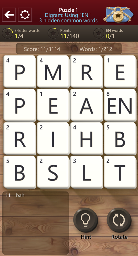 Microsoft Wordament game play screenshot in portrait orientation. The letter tiles take up most of the screen and the word list appears on the bottom along with the Hint and rotate touch targets.