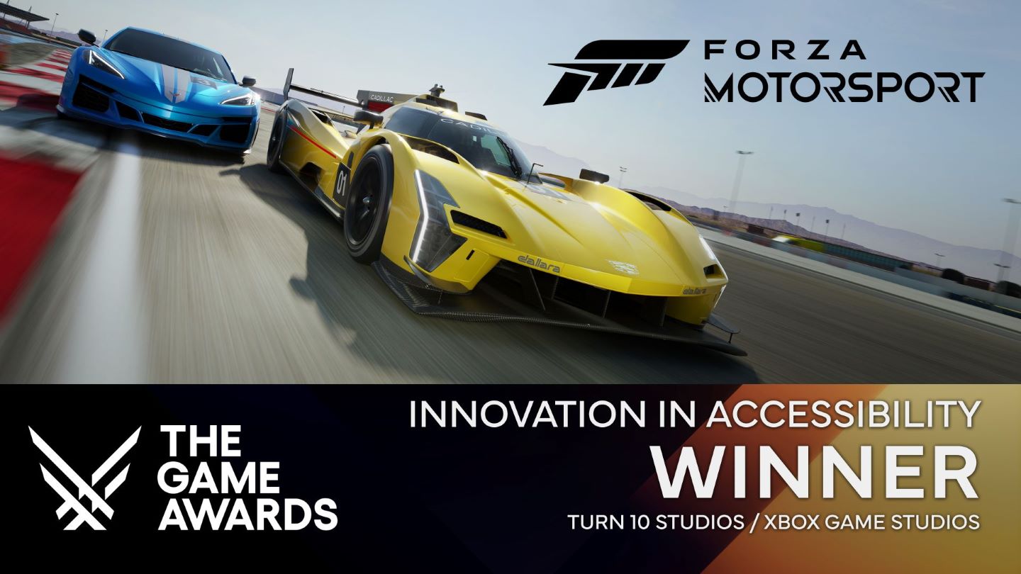 The Game Awards' Innovation in Accessibility Winner, Turn 10 Studios, for Forza Motorsport with a screenshot of the game of two cars racing.