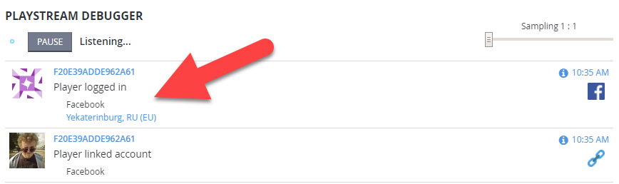 PlayStream Debugger Facebook-Authentifizierungsereignis
