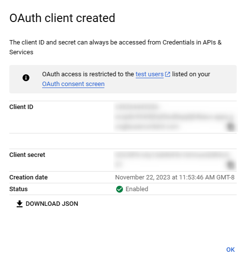 OAuth-Client-ID erstellt