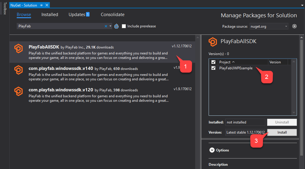 Visual Studio Installieren des PlayFab SDK