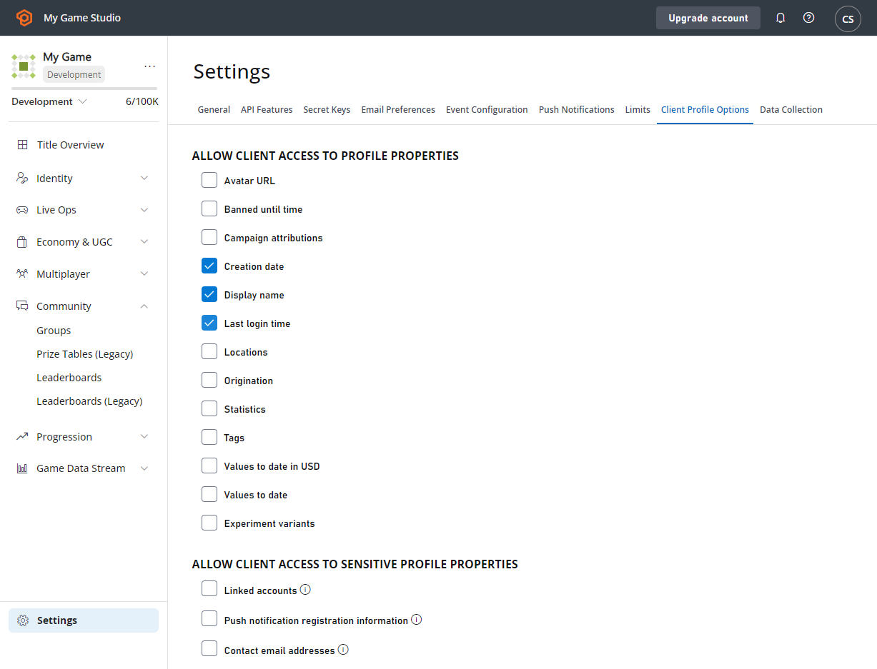 PlayFab-Einstellungen * Clientprofiloptionen * Clientzugriff auf Profileigenschaften zulassen